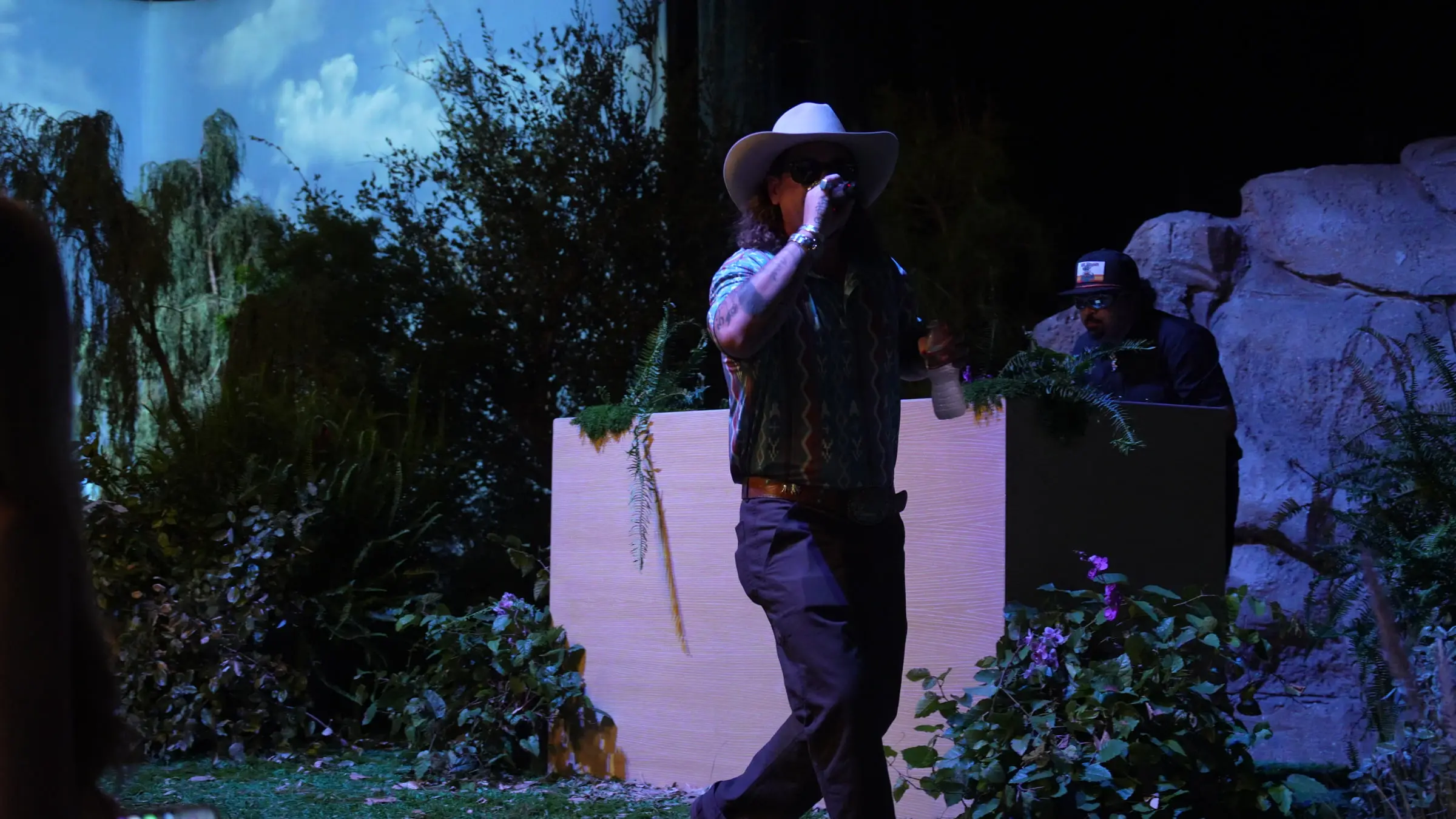 The performer singing into a handheld microphone in a white cowboy hat, in front of the willow projection with the DJ at the booth behind him.