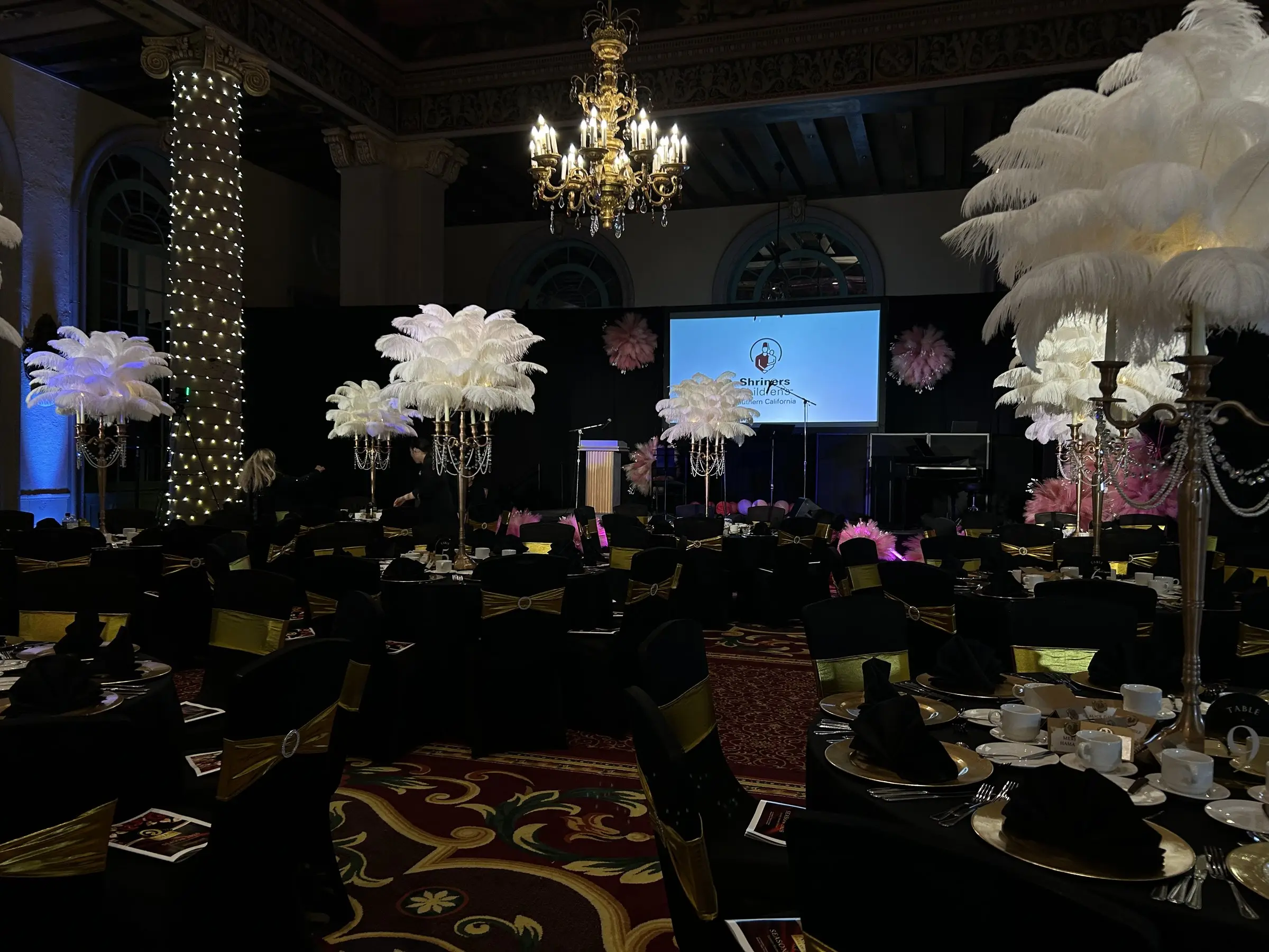 The stage from the side of the room, a logo on the screen and pink feather arrangements in the foreground.