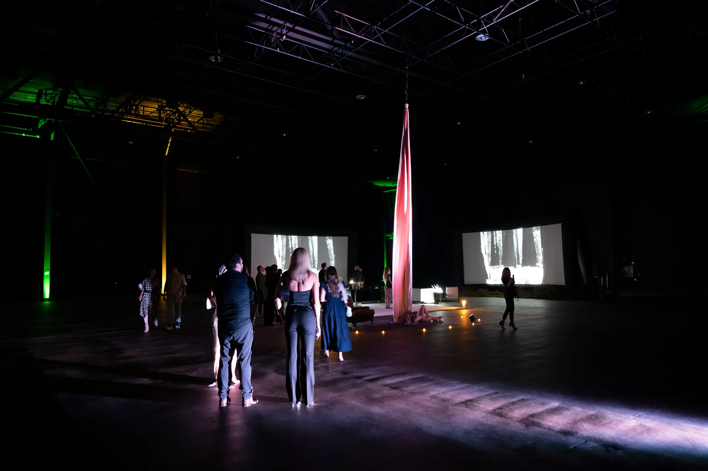 Guests in silhouette crossing the dark hall toward the projection screens and the hanging silk.
