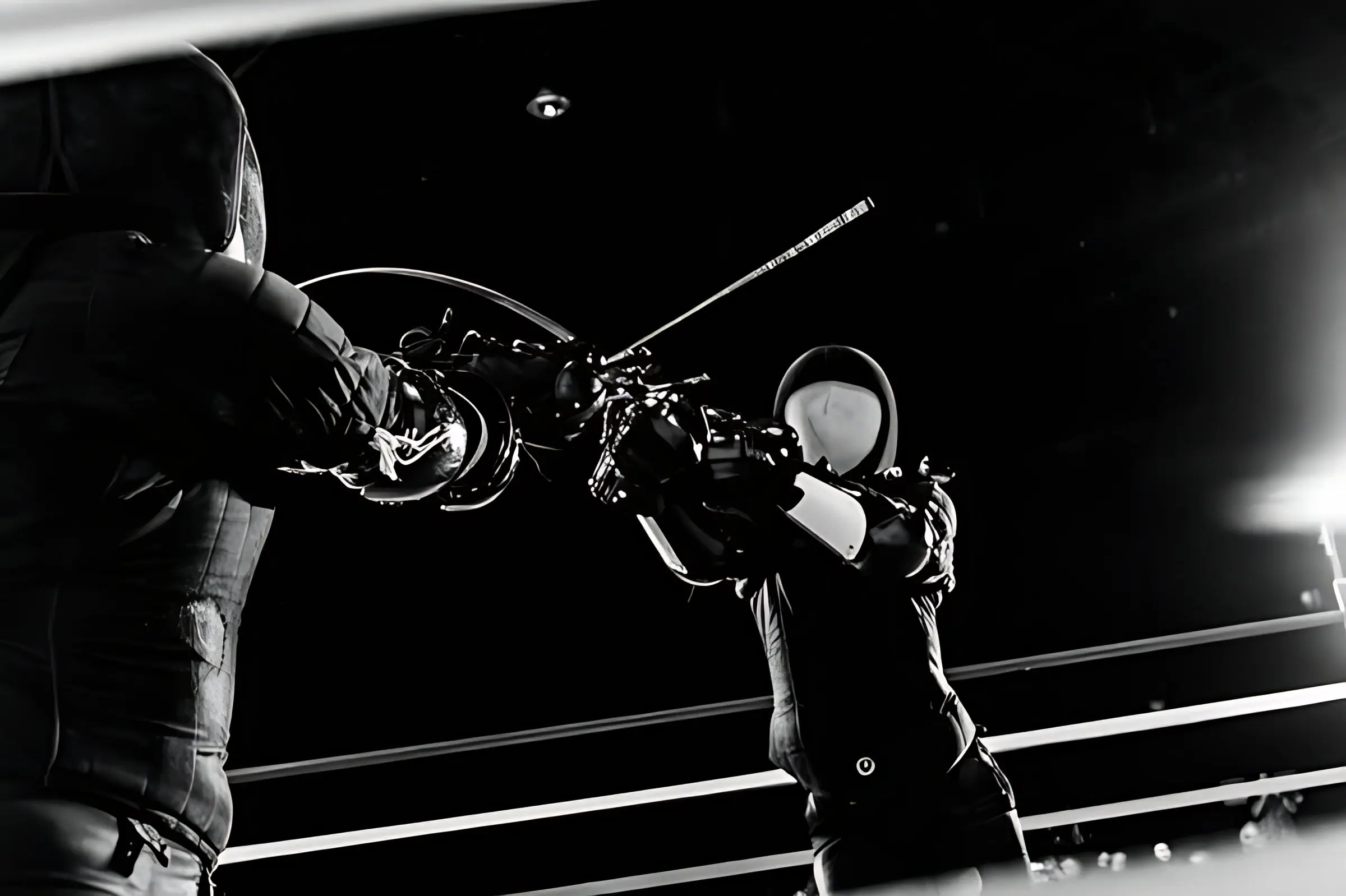 Two swords and gauntleted hands locked together in a bind, lit against the dark hall.
