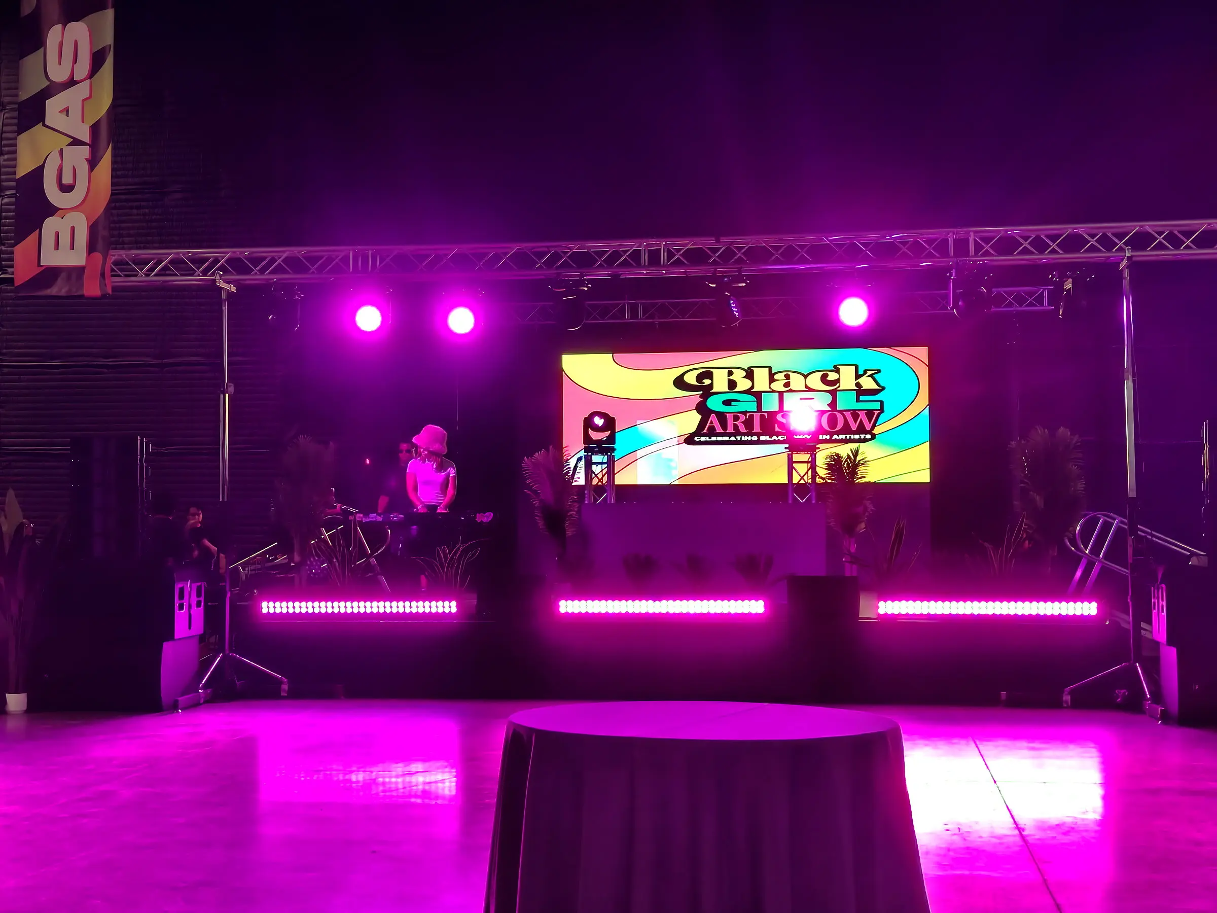 The DJ playing on stage, the LED wall running the show logo, LED bars along the front of the stage, and magenta light filling the room.